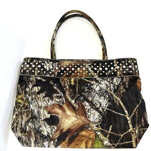 Nature Camo Tote Bag Leaf Trees Rhinestones Studs Shoulder Straps Green Brown